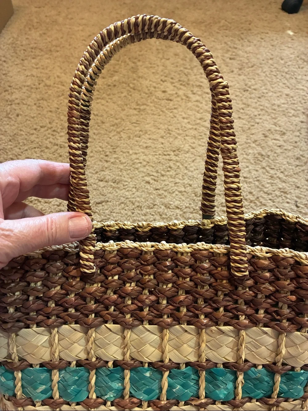 Woven Straw Tote Bag with Teal Accent - Women Bags